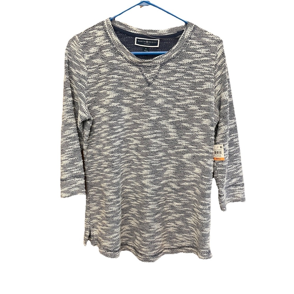 Karen Scott Top Womens 3/4 Sleeve Sz S NWT Navy Blue Round Neck And Hem